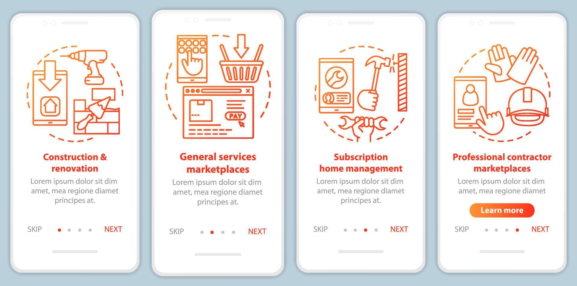 Plantilla de vector de pantalla de página de aplicación móvil de incorporación de mercados de Internet. comercio electrónico, servicio al cliente, paso a paso, pasos del sitio web con ilustraciones lineales. concepto de interfaz de teléfono inteligente ux, ui, gui