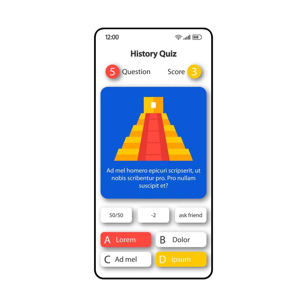 History quiz smartphone interface vector template. Mobile app page white design layout. Questions and answers options screen. Flat UI for application. Intellectual game phone display