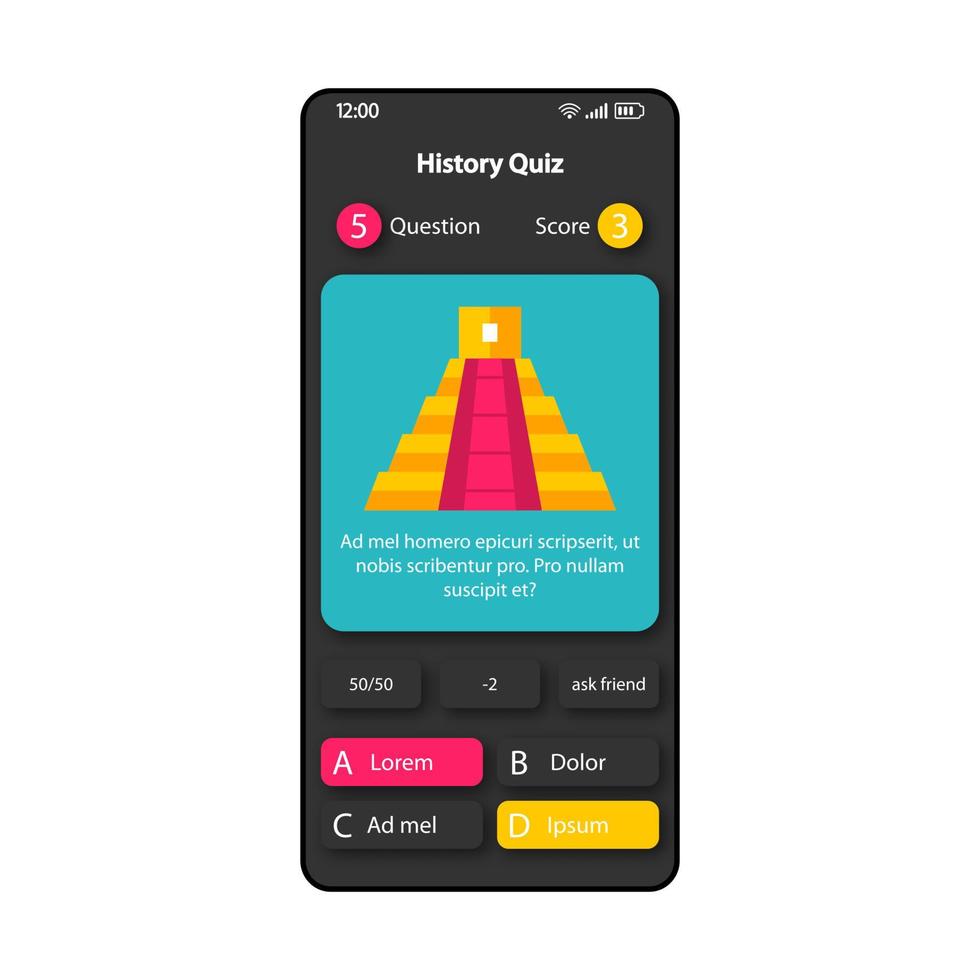 History test quiz smartphone interface vector template. Mobile app page black design layout. Historical facts check screen. Flat UI for application. Question, answers, help tips phone display