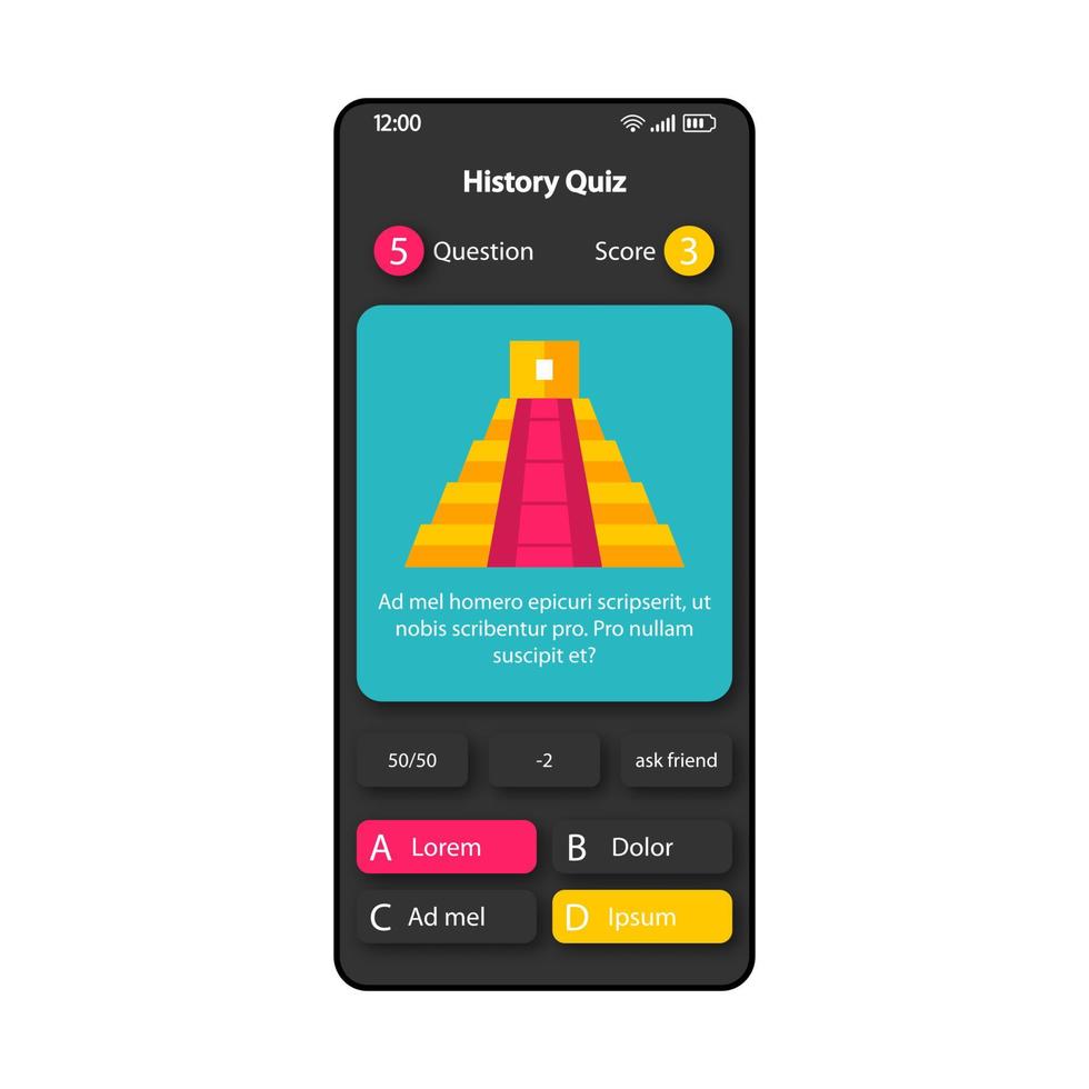 Prueba de historia plantilla de vector de interfaz de teléfono inteligente. diseño de la página de la aplicación móvil en negro. pantalla de verificación de hechos históricos. interfaz de usuario plana para la aplicación. pregunta, respuestas, consejos de ayuda pantalla del teléfono