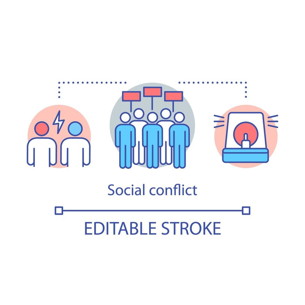 Social conflicts and disputes concept icon. Antisocial behavior and aggression idea thin line illustration. Human rights protection. Protest action, picket. Vector isolated drawing. Editable stroke
