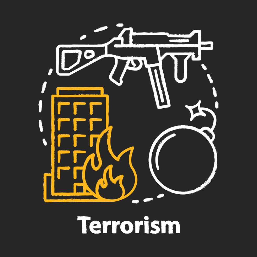 icono de concepto de tiza de terrorismo. idea de violencia armada. terror de guerra. ataque militar terrorista, explosión. extremismo. rifle y bomba. vector ilustración de pizarra aislada