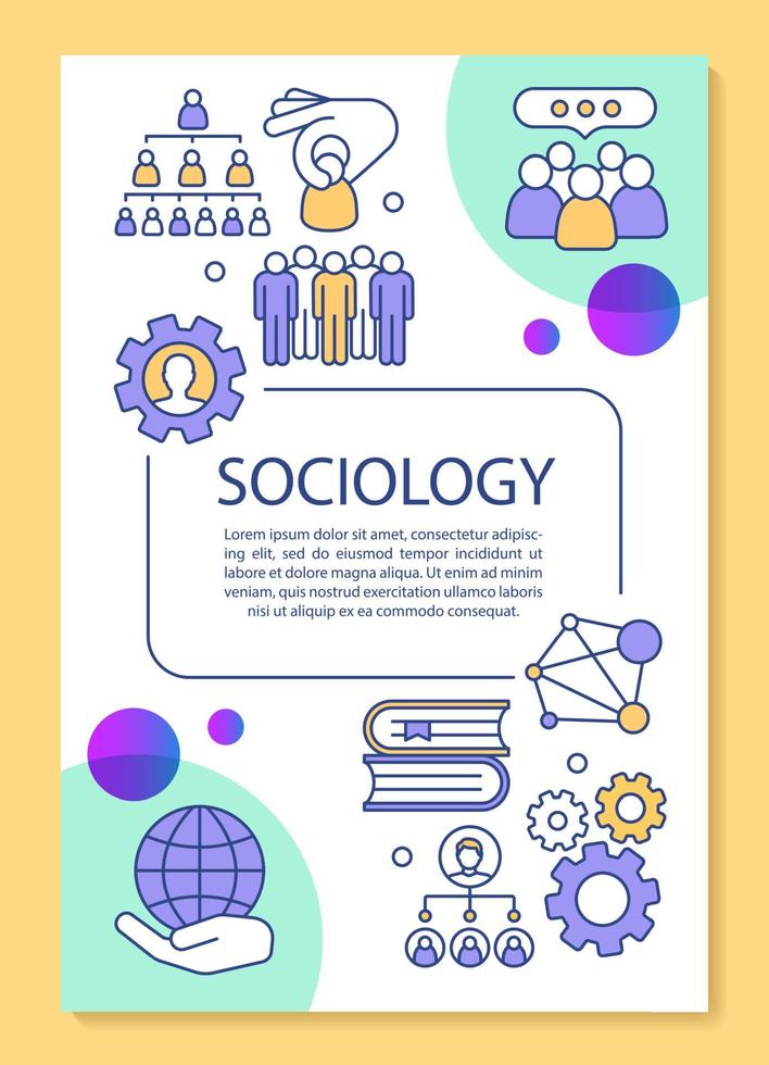 diseño de plantilla de póster de sociología. análisis de población. relaciones públicas. banner, folleto, diseño de impresión de folletos con iconos lineales. diseños de páginas de folletos vectoriales para revistas, folletos publicitarios vector