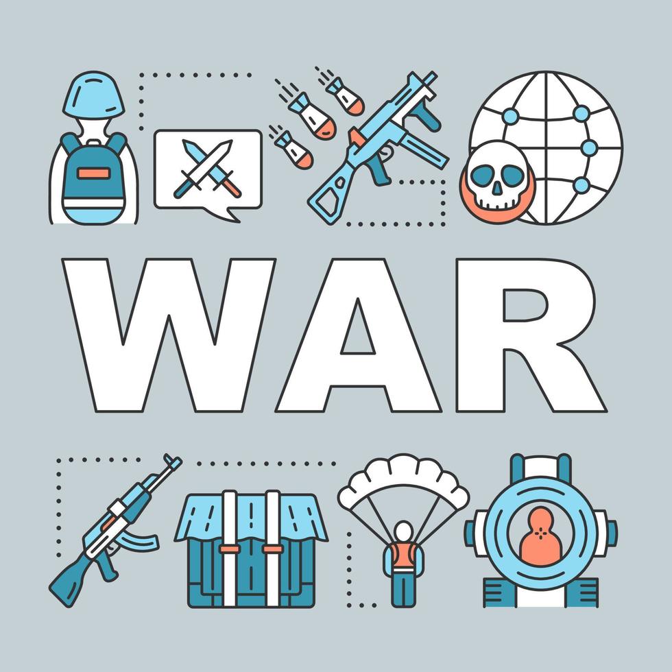 War word concepts banner. Military action, terrorist attacks, warfare. Presentation, website. Terrorism problem. Offensive. Isolated lettering typography with linear icons. Vector outline illustration