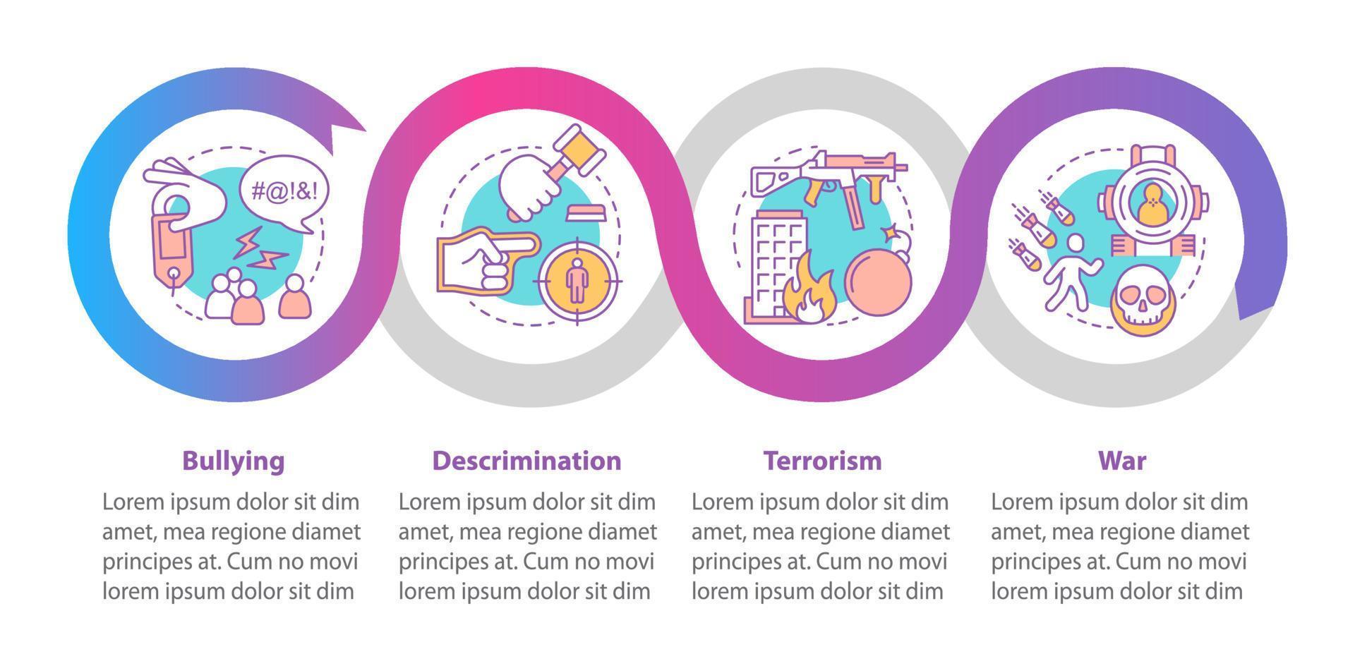 Social violence vector infographic template. Bullying, discrimination, terrorism, war. Data visualization with four steps and options. Process timeline chart. Workflow layout with linear icons