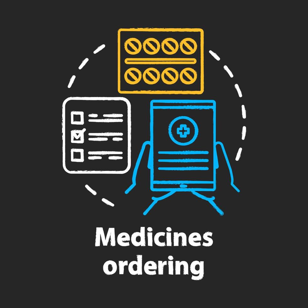 Medicines ordering chalk concept icon. Medical supplies delivery service idea. Medications retail business, online pharmacy. Tablet, pills and checklist vector isolated chalkboard illustration