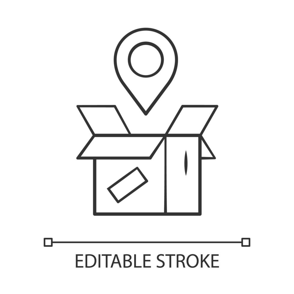 Parcel tracking linear icon. Package location monitoring. Order status postal tracking. Delivery service. Cardboard box with map pin. Contour symbol. Vector isolated outline drawing. Editable stroke