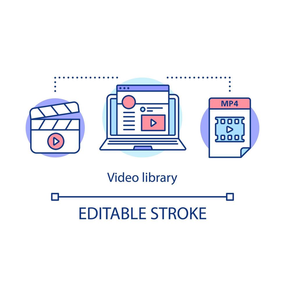 Video library concept icon. Internet vlog content hosting idea thin line illustration. Footage, clips, tape library. Video tutorials. Vector isolated outline drawing. Editable stroke
