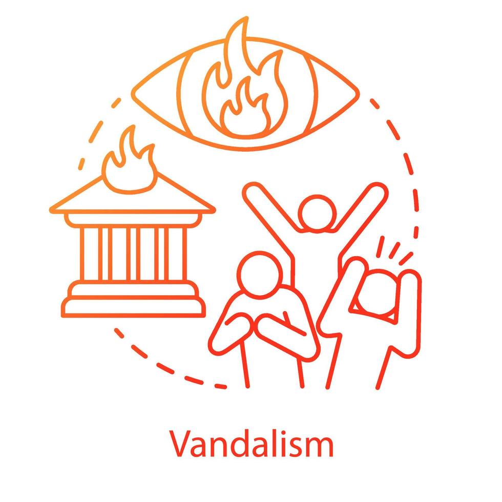 Vandalism concept icon. Civil unrest, property destruction, mob violence idea thin line illustration. Aggressive crowd, burning house and flaming eye vector isolated outline drawing. Violent protest