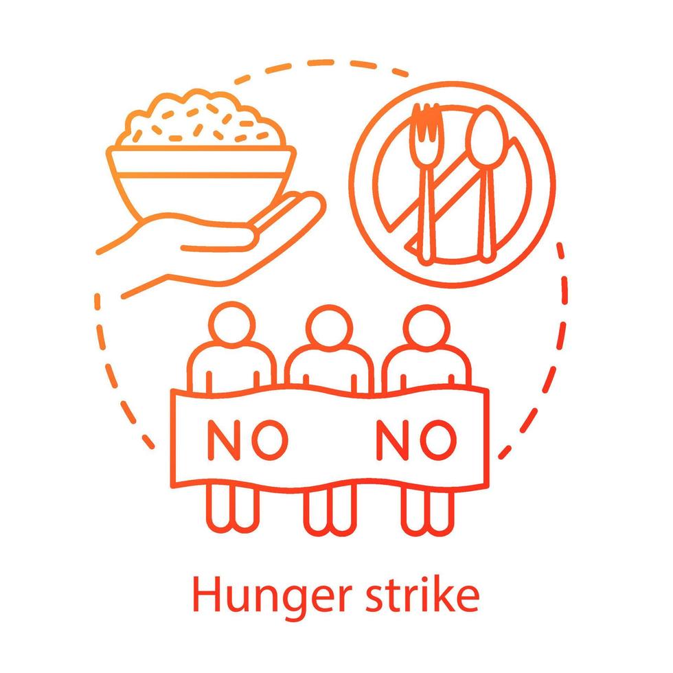 Hunger strike concept icon. Voluntary food refuse, nonviolent protest idea thin line illustration. Protesters with banner, rice and tableware vector isolated outline drawing. Social demonstration