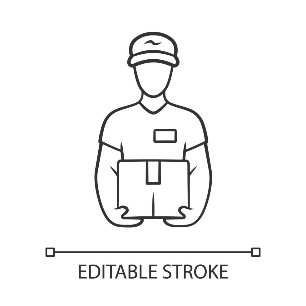 Deliveryman with parcel linear icon. Courier holding cardboard box. Postman with package. Delivery, postal service. Express shipping. Contour symbol. Vector isolated outline drawing. Editable stroke