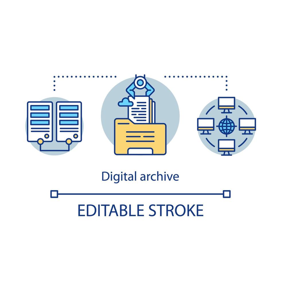 Digital archive concept icon. Internet content hosting idea thin line illustration. Servers network with media libraries. Database and data storage. Vector isolated outline drawing. Editable stroke