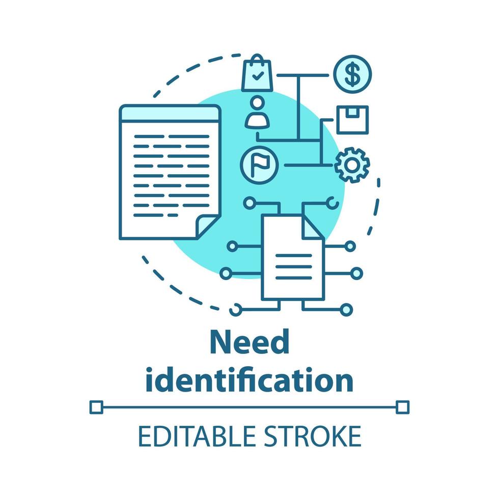 Need identification concept icon. Market and consumer analysis. Business plan. Strategic project management idea thin line illustration. Vector isolated outline drawing. Editable stroke