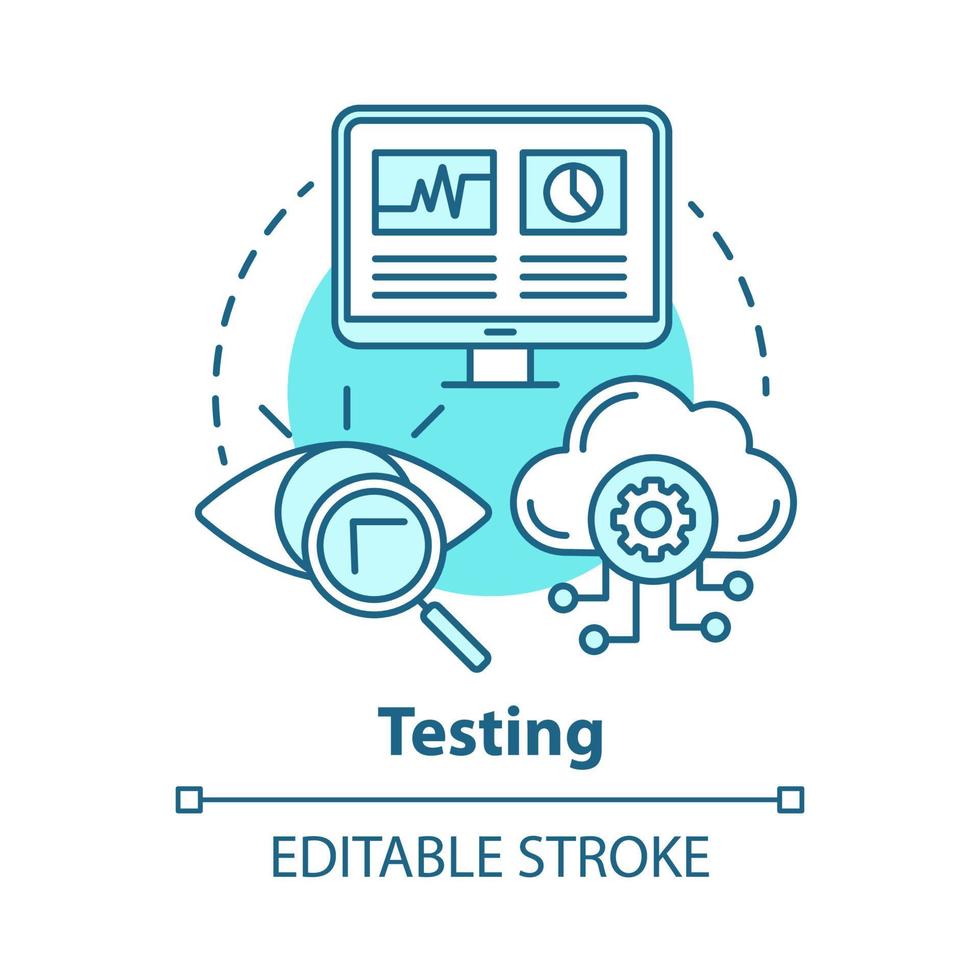 Testing concept icon. Search for information on computer and cloud storage. Web analytics. Defects recognizing idea thin line illustration. Vector isolated outline drawing. Editable stroke