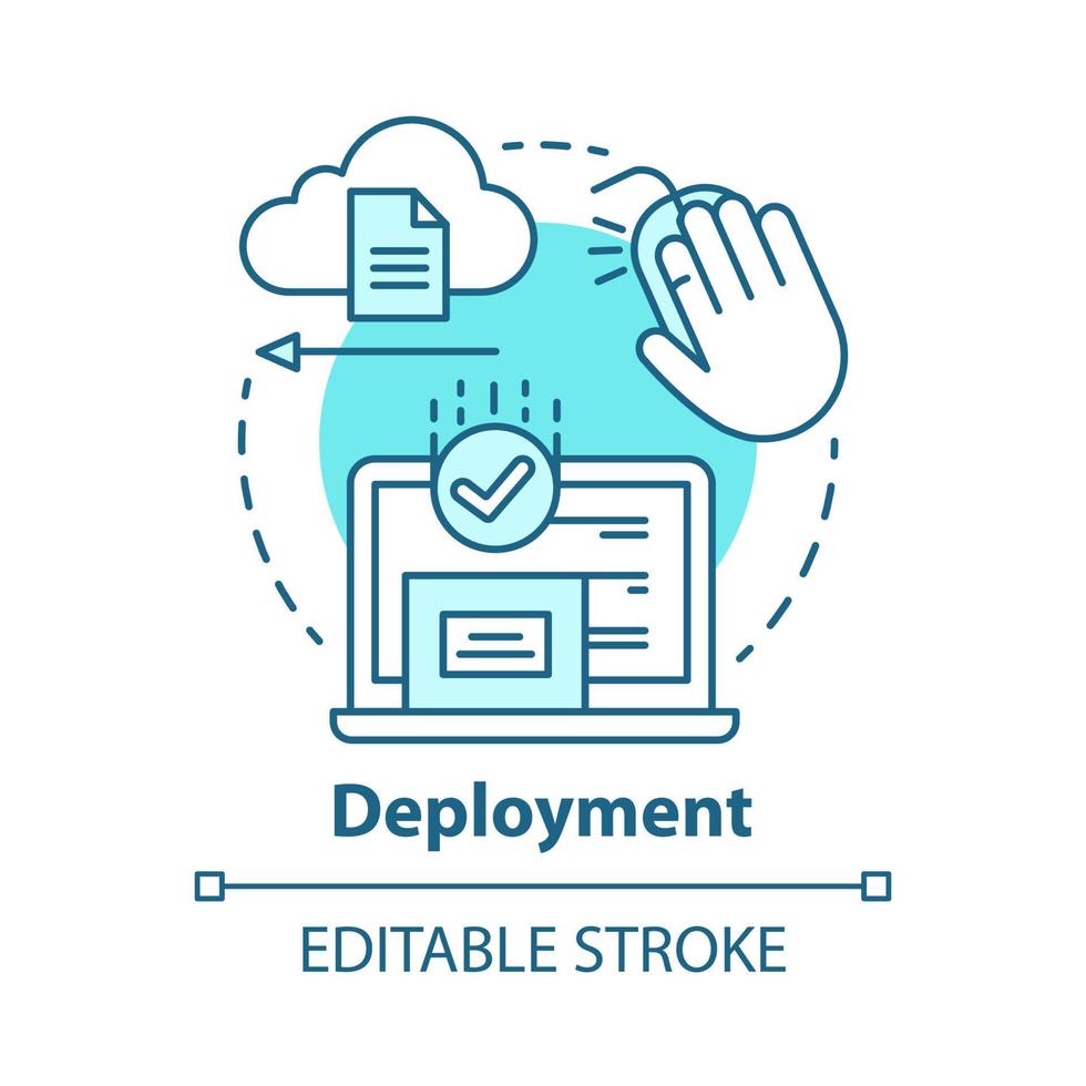 Deployment concept icon. Data send, receive. Product release. Usability test. Delivering completed software to consumers idea thin line illustration. Vector isolated outline drawing. Editable stroke