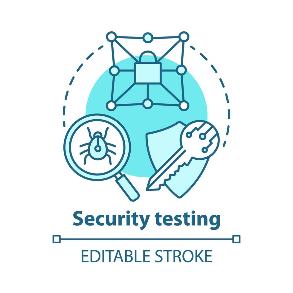 Security testing concept icon. Safety audit. Key reliability and antivirus defence. Intrusion data protection idea thin line illustration. Vector isolated outline drawing. Editable stroke