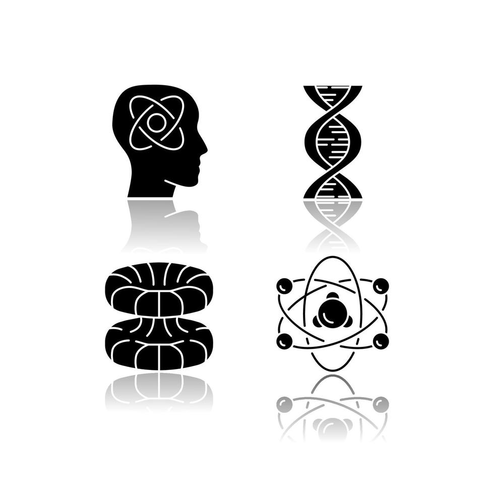 Physics branches drop shadow black glyph icons set. Neurophysics, biophysics, quantum and nuclear physics. Nuclear matter and power research. Neuroscience. Isolated vector illustrations