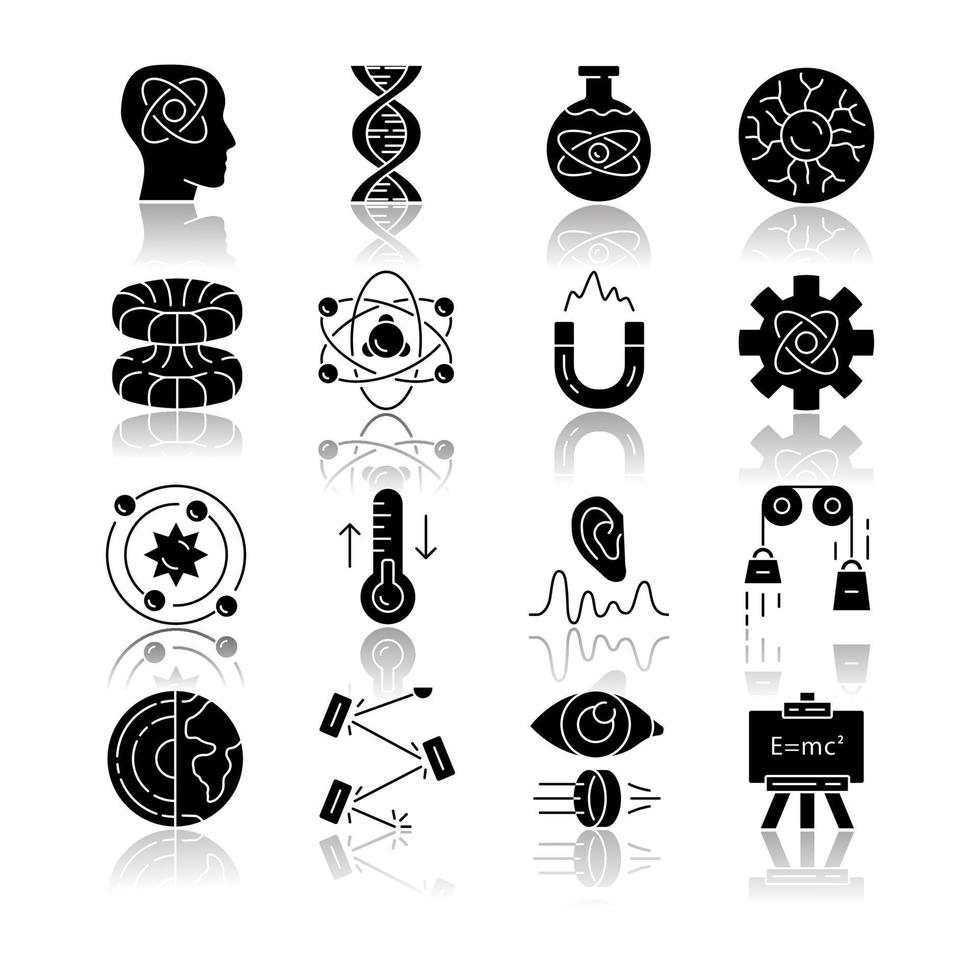 Physics branches drop shadow black glyph icons set. Physical processes and phenomenons. Classical, modern and quantum physics. Electromagnetism, thermodynamics. Isolated vector illustrations