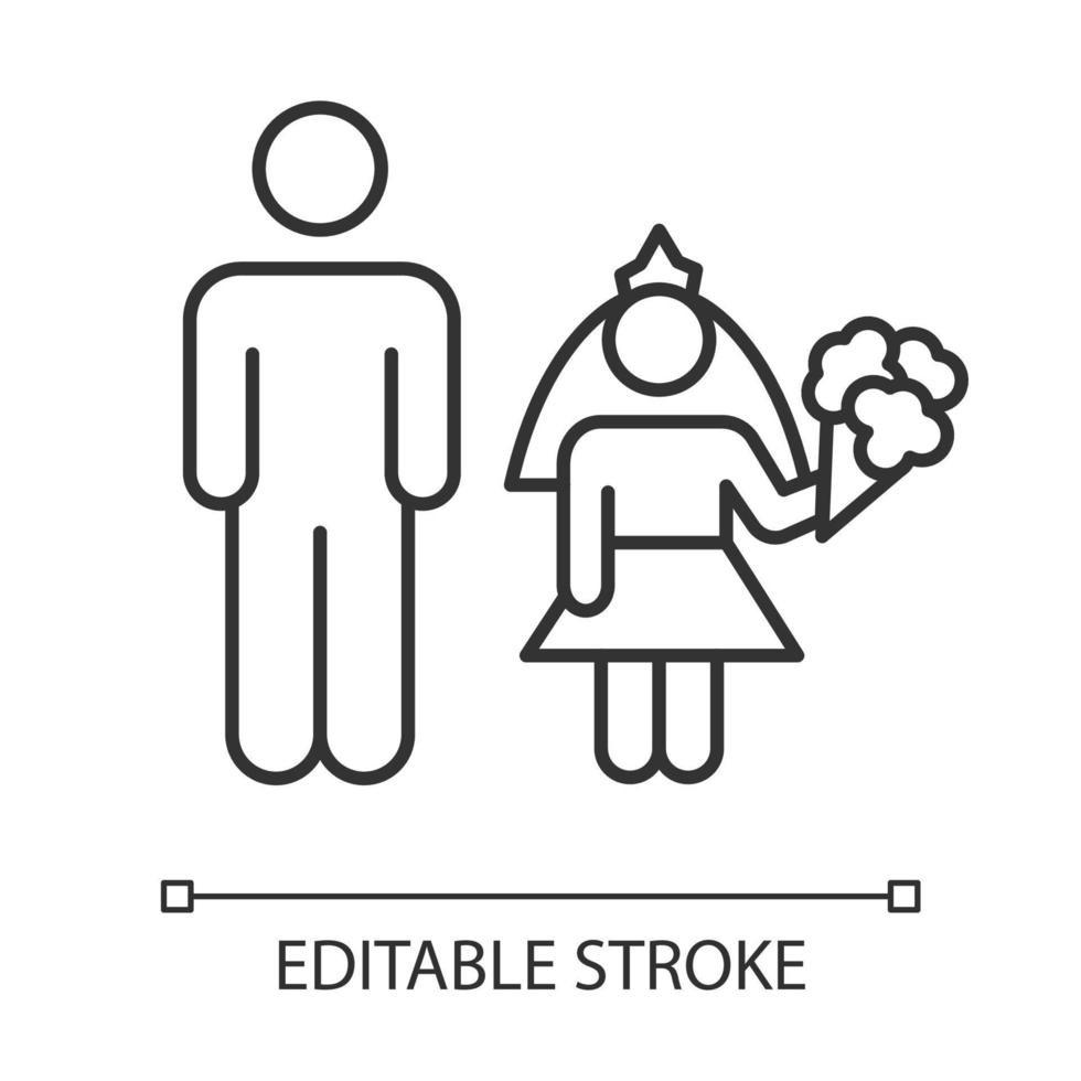 Child marriage linear icon. Groom and bride. Compulsory marriage. Female, male rights. No consent. Thin line illustration. Contour symbol. Vector isolated outline drawing. Editable stroke