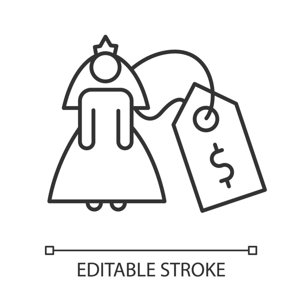 Bride price linear icon. Female rights violation. Forcible wedlock. Compulsory marriage. Criminal offense. Thin line illustration. Contour symbol. Vector isolated outline drawing. Editable stroke