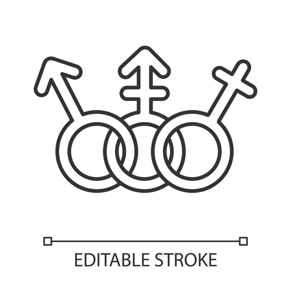 Transgender people equality linear icon. Female, male rights. Trans tolerance. Gender signs. Transsexual pride. Thin line illustration. Contour symbol. Vector isolated outline drawing. Editable stroke