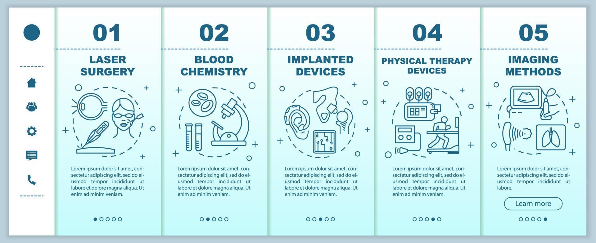 Biomedical engineering onboarding mobile web pages vector template. Blood chemistry. Responsive smartphone website interface idea, linear illustrations. Webpage walkthrough step screens. Color concept