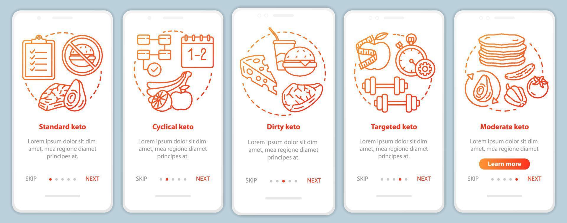 Types of keto diets red onboarding mobile app page screen template. Ketogenic meal, healthy nutrition. Low carbs food. Walkthrough website steps with linear icons. UX, UI, GUI smartphone interface vector