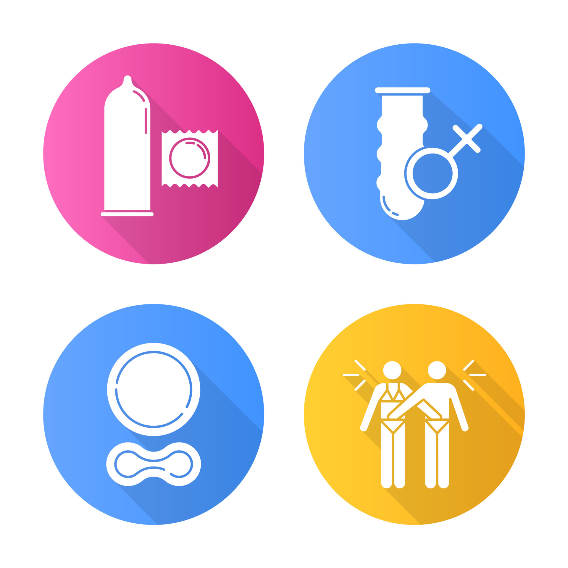 Safe sex flat design long shadow glyph icons set. Female vaginal condom. Male latex preservative. Mutual masturbation. Contraceptive ring image