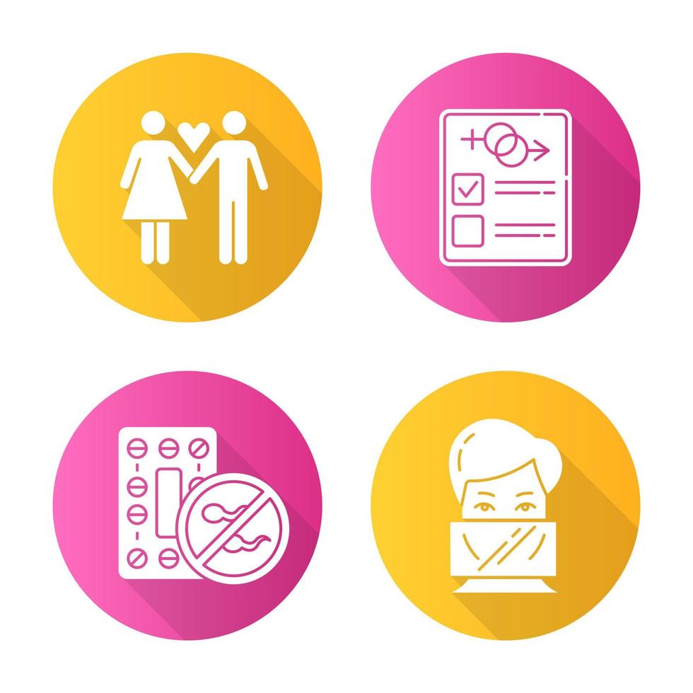 Safe Sex Flat Design Long Shadow Glyph Icons Set Only One Partner Monogamy Girlfriend And