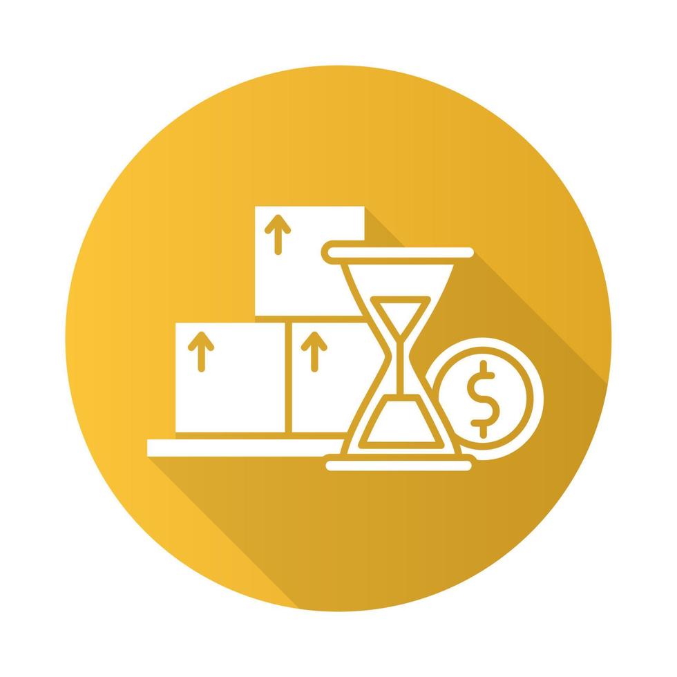 Budget increase graph yellow flat design long shadow glyph icon. Rising interest rate with time. Smart investment infographic. Credit countdown. Hourglass and coin. Vector silhouette illustration