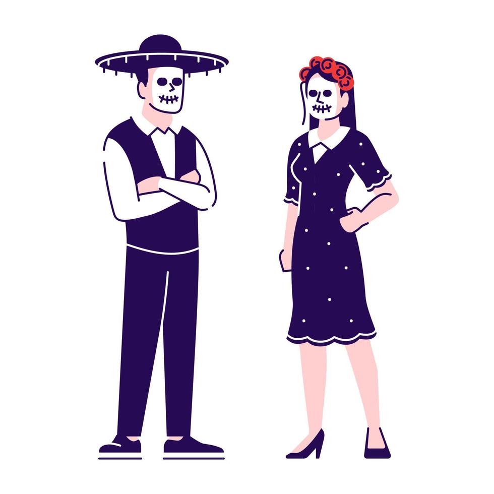 Conjunto de ilustraciones vectoriales planas de personas vestidas con trajes tradicionales mexicanos del día de muertos. personajes de dibujos animados con elementos de contorno aislados sobre fondo blanco. maquillaje de cara de calavera de azúcar vector