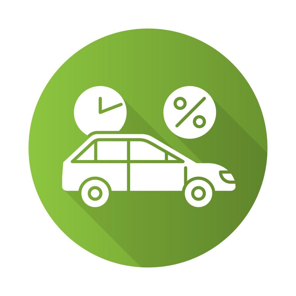 Car finance green flat design long shadow glyph icon. Take credit to buy auto. Loan money for purchasing vehicle. Borrow, loan money with percentage rate. Vector silhouette illustration