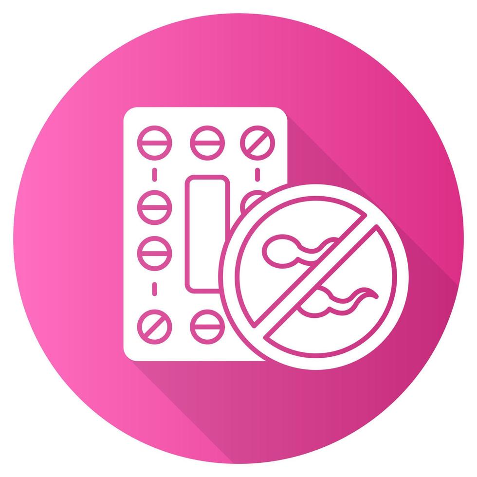 Oral contraceptive pink flat design long shadow glyph icon. Preservative. Pharmaceutical product to prevent pregnancy. Birth control pills. Safe sex. Medication. Vector silhouette illustration