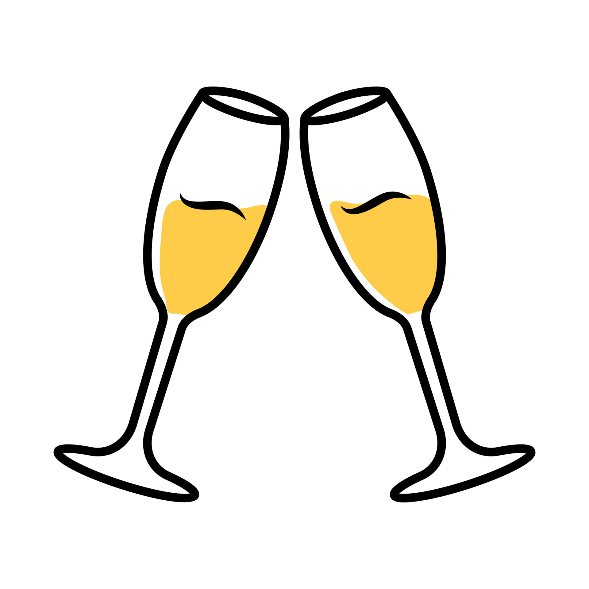 Two clinking glasses with sparkling wine color icon. Champagne flutes