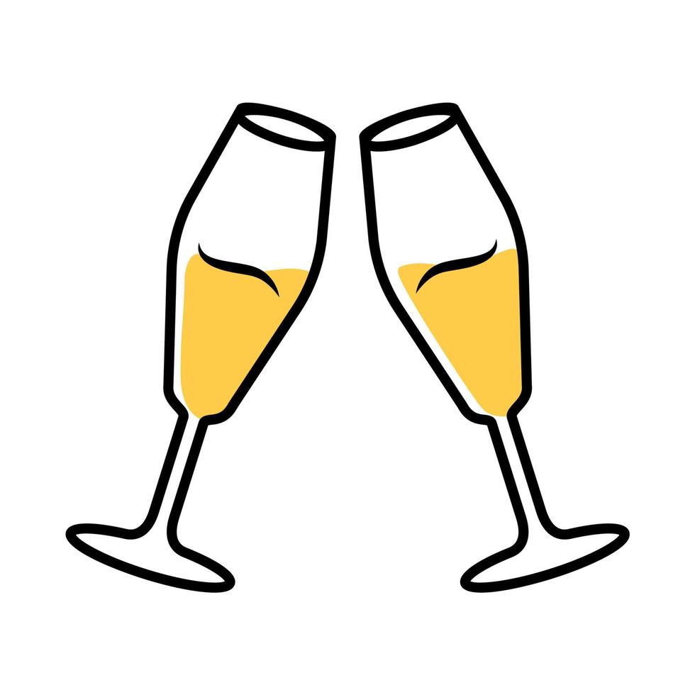 Two clinking glasses with white wine color icon. Champagne tulip flute. Glassfuls of alcohol beverage. Wine service. Celebration. Wedding. Cheers. Tasting, degustation. Isolated vector illustration