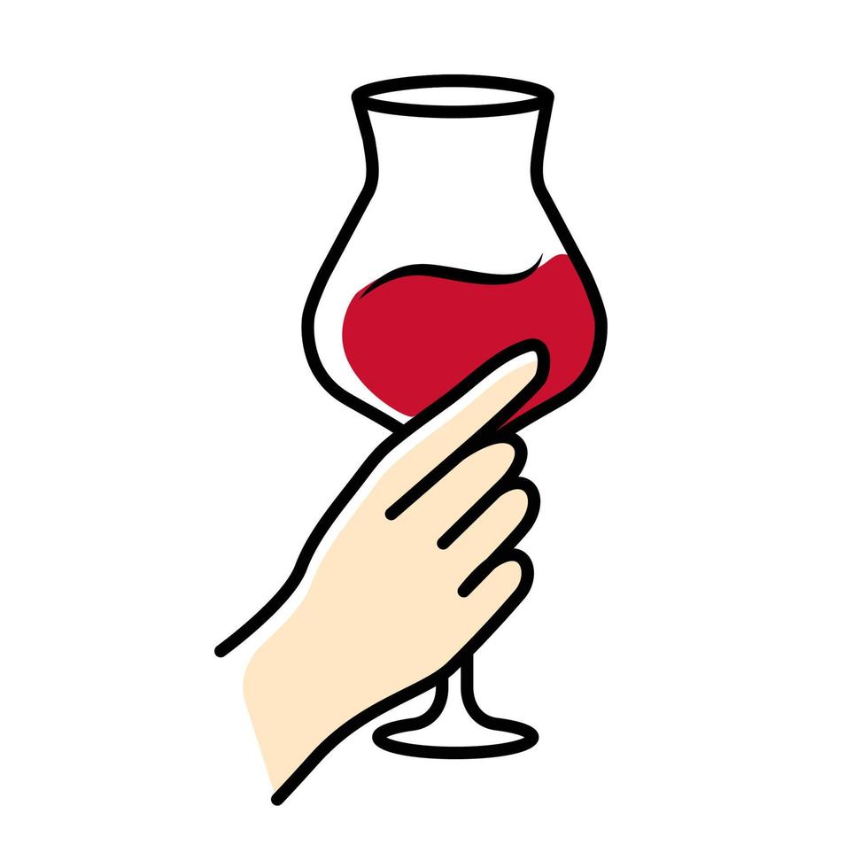 Hand holding glass of red wine color icon. Glassful of alcohol drink. Wine service. Glassware. Celebration, party. Wedding. Cheers. Tasting, degustation. Isolated vector illustration