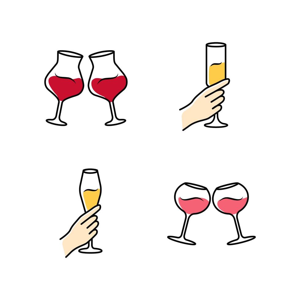 Wine service color icons set. Clinking glasses of red and rose wine. Hands holding alcohol beverages. Celebration, party. Wedding. Glassware, winery. Cheers. Isolated vector illustrations