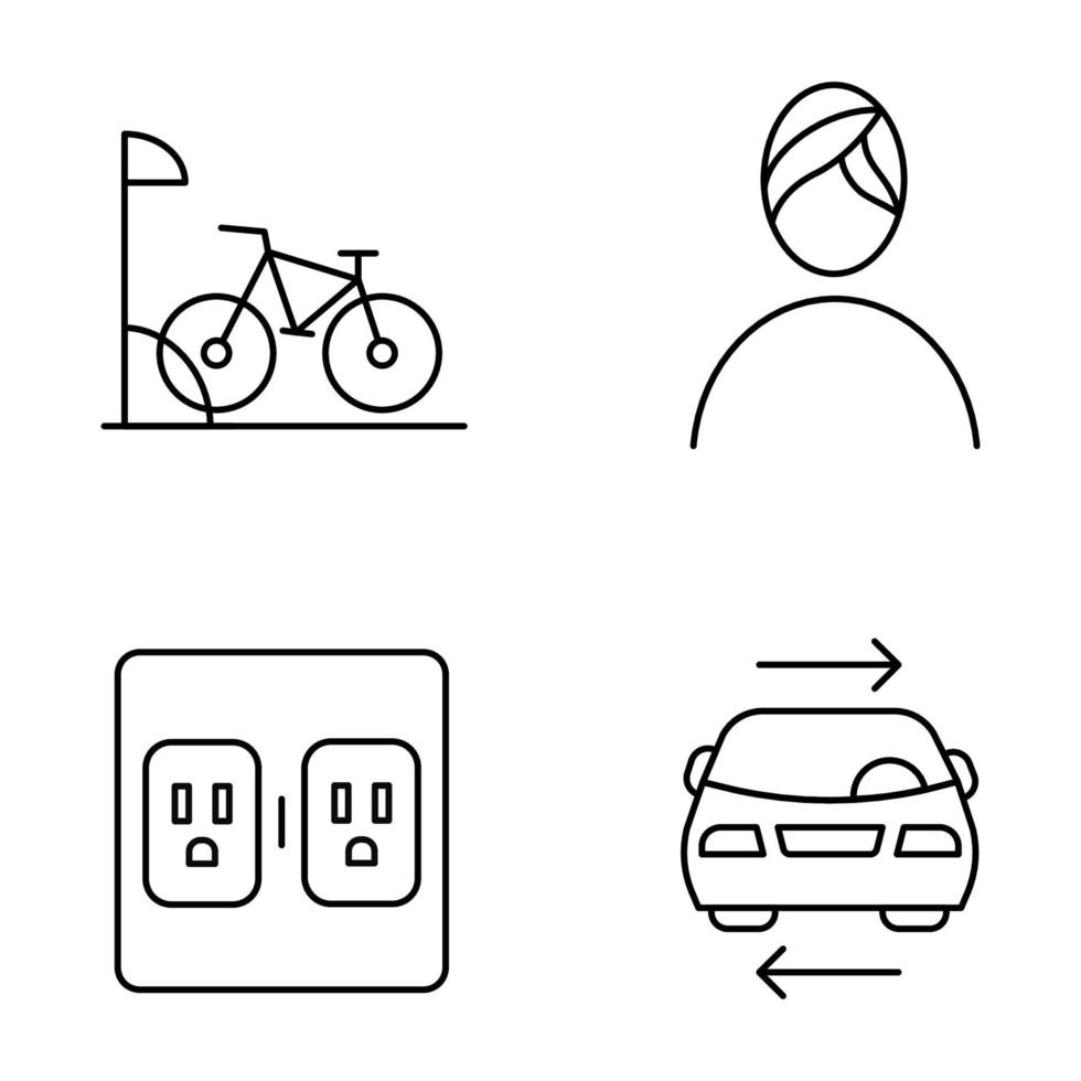 Apartment amenities linear icons set. Bike parking, spa, shared car service, charging outlets. Residential services. Thin line contour symbols. Isolated vector outline illustrations. Editable stroke