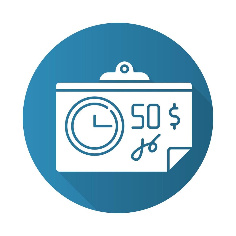 Paying for credit blue flat design long shadow glyph icon. Repaying loan mothly. Bill, tax, receipt with price. Investment, budget planning. Financial report. Economy. Vector silhouette illustration