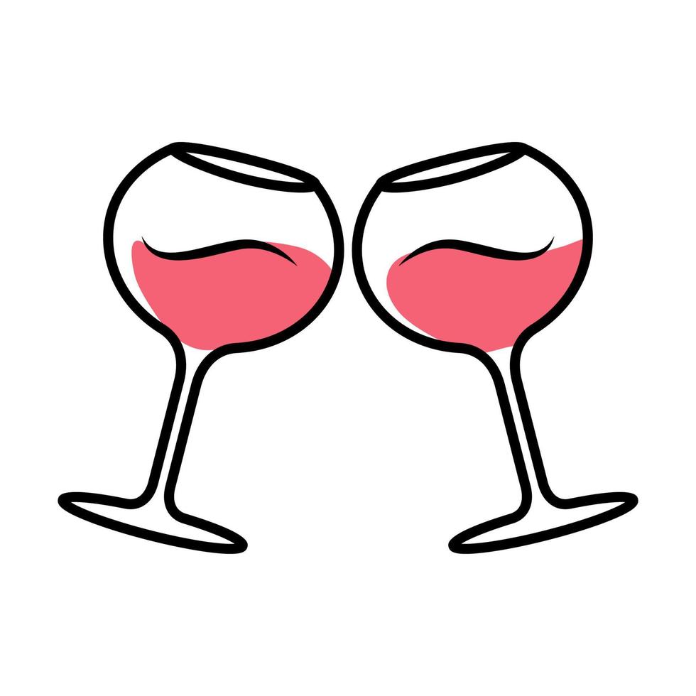 Two clinking glasses with rose wine color icon. Glassfuls of alcohol beverage. Wine service. Celebration. Wedding. Tasting, degustation. Toast. Cheers. Isolated vector illustration