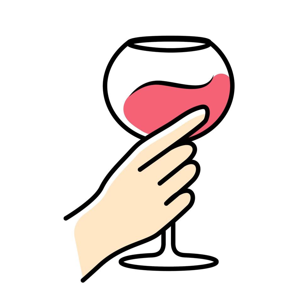 mano sujetando una copa de vino rosado icono de color. vaso de bebida alcohólica. servicio de vino. cristalería. fiesta de celebracion. boda. degustación, degustación. brindis. salud. ilustración vectorial aislada vector