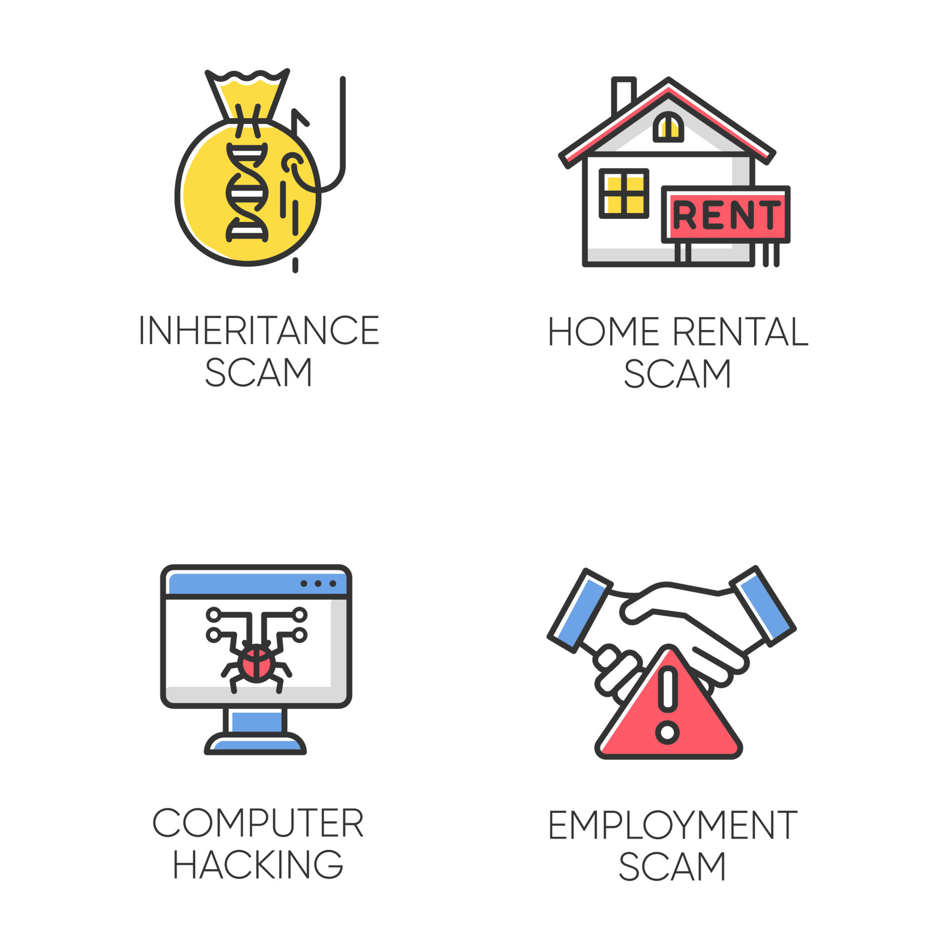 Scam types color icons set. Inheritance, home rental fraudulent scheme