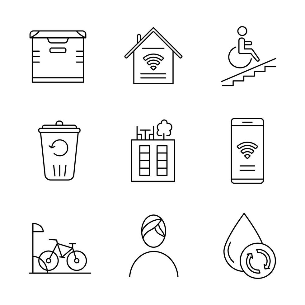 Apartment amenities linear icons set. Smart home, wheelchair access, recycling service, spa, water filtration. Thin line contour symbols. Isolated vector outline illustrations. Editable stroke