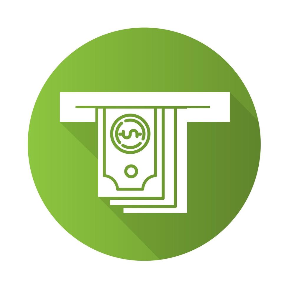 Cash advance green flat design long shadow glyph icon. Lending money. Pay for credit, loan. Managing finances and personal budget account. Currency withdrawal from ATM. Vector silhouette illustration