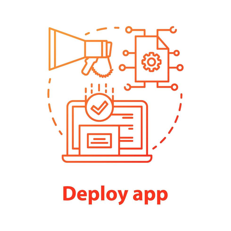 Deploy app concept icon. Software development tools idea thin line illustration. Mobile device programming and coding. Developer tools. Application management. Vector isolated outline drawing