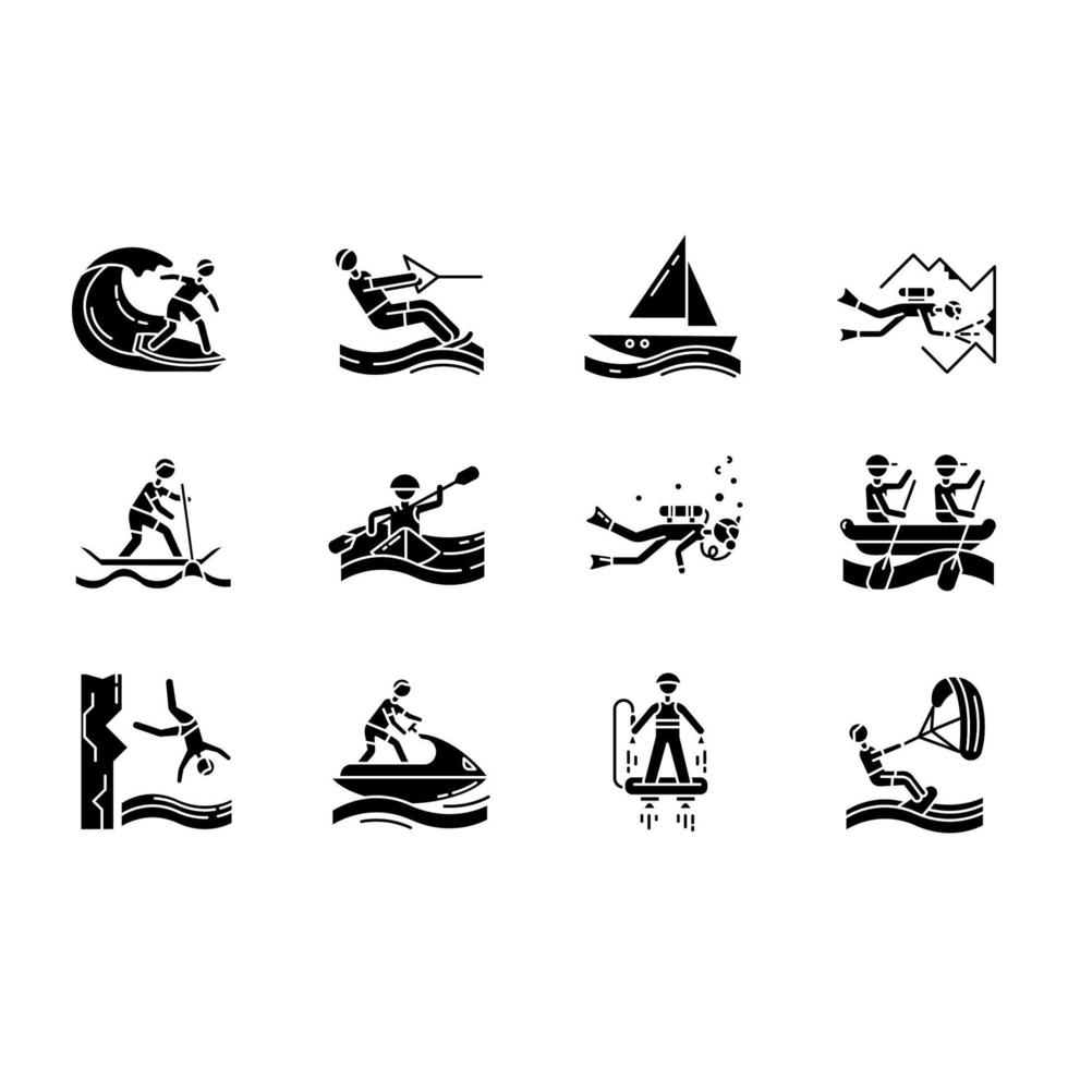 Conjunto de iconos de glifo de deportes acuáticos. símbolos de silueta buceo en cuevas, kitesurf, flyboard y motos de agua. saltos de acantilados y paddle surf. tipos extremos de deporte. vector ilustración aislada