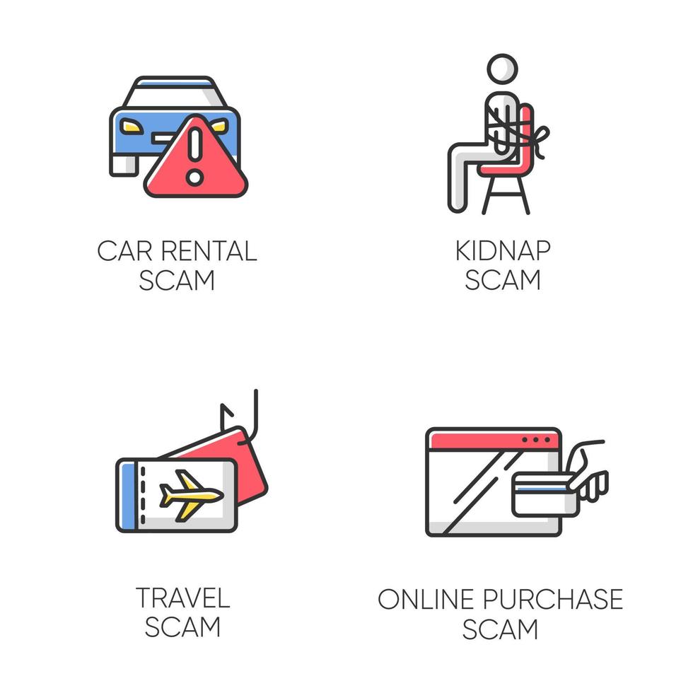 Scam types color icons set. Car rental, online purchase fraudulent scheme. Kidnap, travel trick. Cybercrime. Financial scamming. Illegal money gain. Isolated vector illustrations