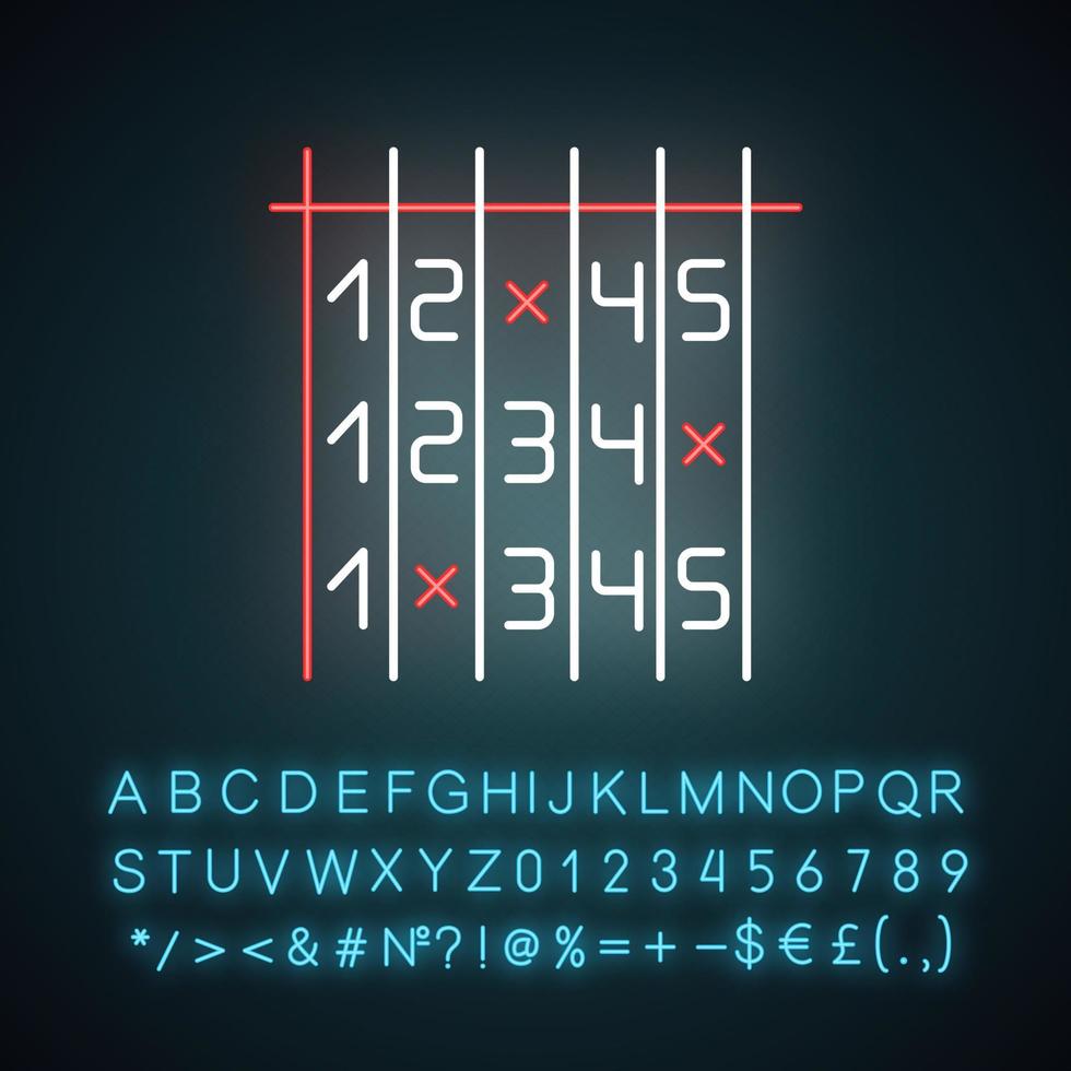 Survey data neon light icon. Info analysis. Number in list. Choose figure. Select option. Testing, exam. Questionnaire. Glowing sign with alphabet, numbers and symbols. Vector isolated illustration