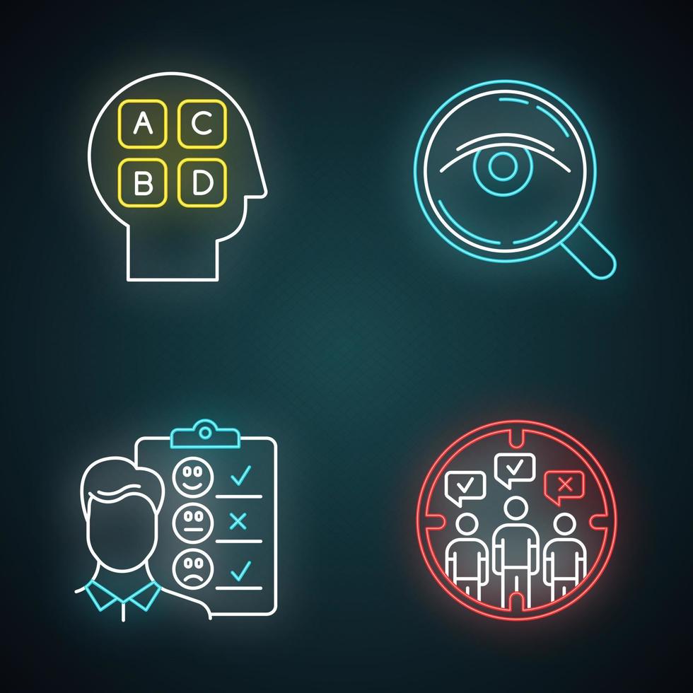 Survey methods neon light icons set. Analysis. Interview. Emotional opinion. Target population. Public opinion. Personality test. Customer review. Feedback. Glowing signs. Vector isolated illustration