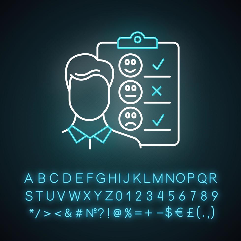 Personal interview neon light icon. Survey questionnaire form. Customer service rating. Employee satisfaction. Opinion. Glowing sign with alphabet, numbers and symbols. Vector isolated illustration